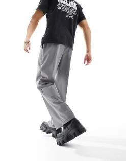 Pull&Bear Wide Leg Tailored Trouser In Grey For Men -Pull&Bear Sales 205752923 3