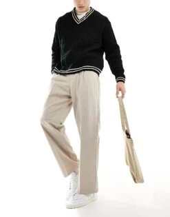 Pull&Bear Wide Leg Tailored Trouser In Ecru For Men