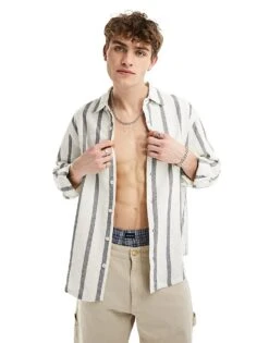 Pull&Bear Revere Neck Long Sleeve Stripe Shirt In Ecru For Men -Pull&Bear Sales 206206881 1 ecru 1