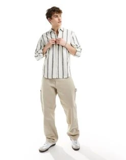 Pull&Bear Revere Neck Long Sleeve Stripe Shirt In Ecru For Men -Pull&Bear Sales 206206881 3