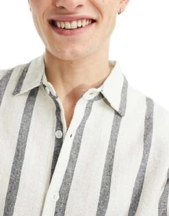 Pull&Bear Revere Neck Long Sleeve Stripe Shirt In Ecru For Men -Pull&Bear Sales 206206881 4