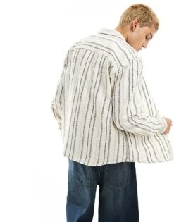 Pull&Bear Long Sleeve Textured Stripe Shirt In Ecru For Men -Pull&Bear Sales 206207021 3