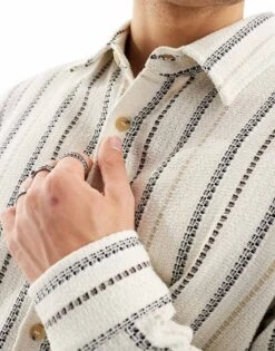 Pull&Bear Long Sleeve Textured Stripe Shirt In Ecru For Men -Pull&Bear Sales 206207021 4
