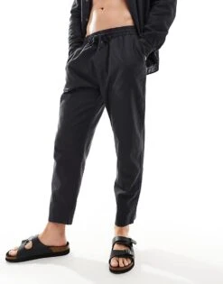 Pull&Bear Linen Look Wide Leg Trousers In Black For Men -Pull&Bear Sales 206385908 1 black 1