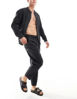 Pull&Bear Linen Look Wide Leg Trousers In Black For Men -Pull&Bear Sales 206385908 4