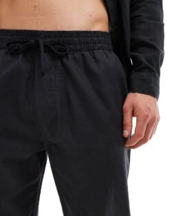 Pull&Bear Linen Look Wide Leg Trousers In Black For Men -Pull&Bear Sales 206385908 5