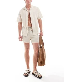 Pull&Bear Linen Look Revere Neck Shirt In Sand For Men 11 Pull&Bear Linen Look Revere Neck Shirt In Sand For Men -Pull&Bear Sales 206385929 1 sand 1