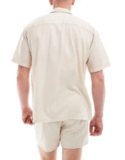 Pull&Bear Linen Look Revere Neck Shirt In Sand For Men 9 Pull&Bear Linen Look Revere Neck Shirt In Sand For Men -Pull&Bear Sales 206385929 3