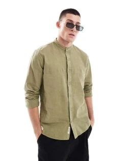 Pull&Bear Linen Look Grandad Neck Shirt In Green For Men 11 Pull&Bear Linen Look Grandad Neck Shirt In Green For Men -Pull&Bear Sales 206431329 1 green 1
