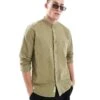 Pull&Bear Linen Look Grandad Neck Shirt In Green For Men -Pull&Bear Sales 206431329 1 green