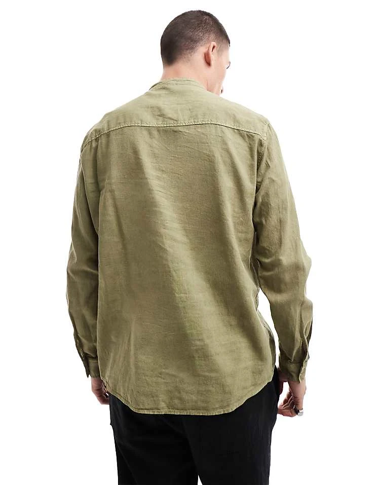 Pull&Bear Linen Look Grandad Neck Shirt In Green For Men 4 Pull&Bear Linen Look Grandad Neck Shirt In Green For Men - Image 2