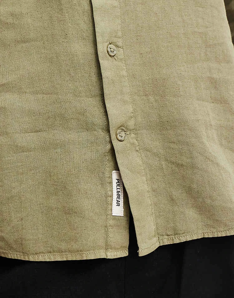 Pull&Bear Linen Look Grandad Neck Shirt In Green For Men 5 Pull&Bear Linen Look Grandad Neck Shirt In Green For Men - Image 3