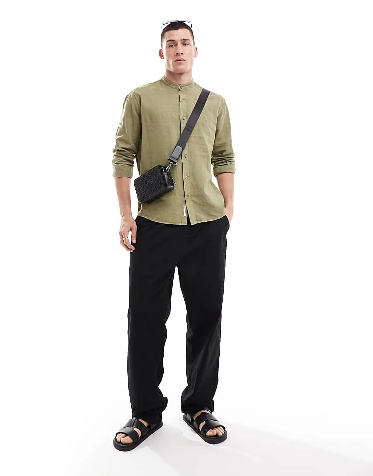 Pull&Bear Linen Look Grandad Neck Shirt In Green For Men 6 Pull&Bear Linen Look Grandad Neck Shirt In Green For Men - Image 4