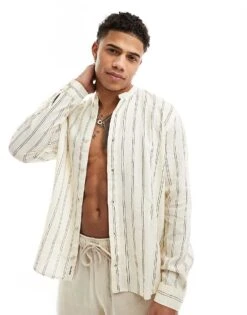Pull&Bear Linen Stripe Grandad Neck Shirt In Ecru For Men -Pull&Bear Sales 206431348 1 ecru 1