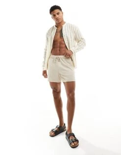 Pull&Bear Linen Stripe Grandad Neck Shirt In Ecru For Men -Pull&Bear Sales 206431348 2