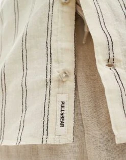 Pull&Bear Linen Stripe Grandad Neck Shirt In Ecru For Men -Pull&Bear Sales 206431348 3