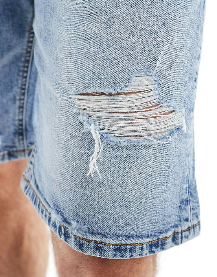 Pull&Bear Slim Fit Ripped Denim Shorts In Blue For Men 5 Pull&Bear Slim Fit Ripped Denim Shorts In Blue For Men - Image 3