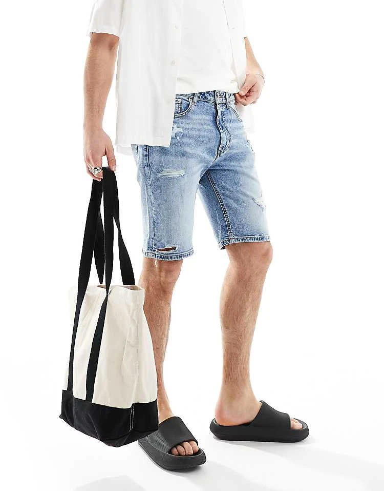 Pull&Bear Slim Fit Ripped Denim Shorts In Blue For Men 6 Pull&Bear Slim Fit Ripped Denim Shorts In Blue For Men - Image 4