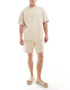 Pull&Bear Embossed Co-ord Short In Sand For Men