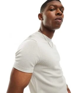 Pull&Bear Fine Knitted Muscle Fit T-shirt In Grey For Men