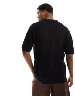Pull&Bear Open Weave Knitted Polo In Black For Men -Pull&Bear Sales 206562826 3