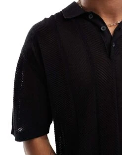 Pull&Bear Open Weave Knitted Polo In Black For Men -Pull&Bear Sales 206562826 4