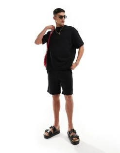 Pull&Bear Embossed Co-ord Short In Black For Men