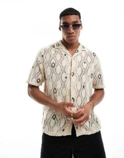 Pull&Bear Crochet Revere Neck Shirt In Ecru For Men 11 Pull&Bear Crochet Revere Neck Shirt In Ecru For Men -Pull&Bear Sales 206609112 1 ecru 1