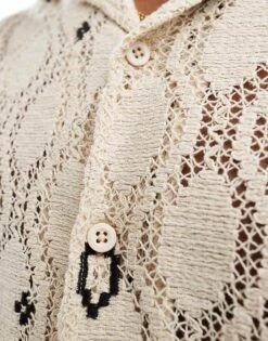 Pull&Bear Crochet Revere Neck Shirt In Ecru For Men 8 Pull&Bear Crochet Revere Neck Shirt In Ecru For Men -Pull&Bear Sales 206609112 2