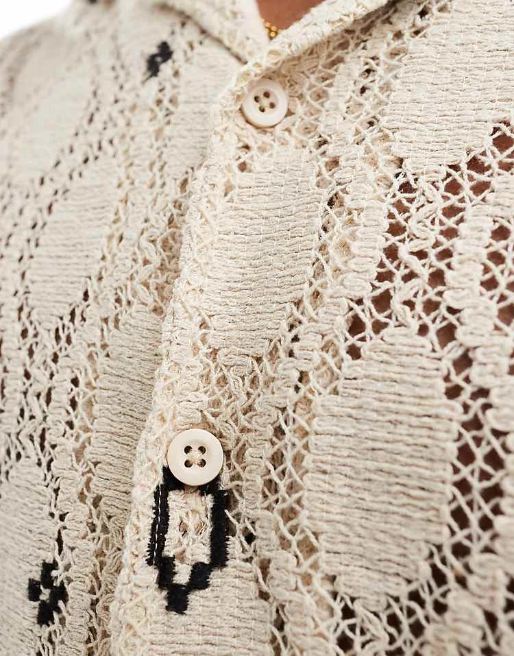Pull&Bear Crochet Revere Neck Shirt In Ecru For Men 4 Pull&Bear Crochet Revere Neck Shirt In Ecru For Men - Image 2