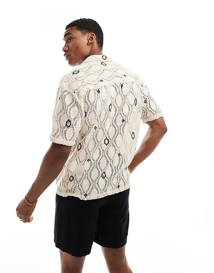 Pull&Bear Crochet Revere Neck Shirt In Ecru For Men 5 Pull&Bear Crochet Revere Neck Shirt In Ecru For Men - Image 3