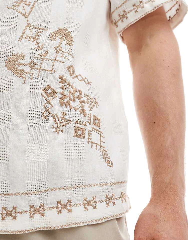 Pull&Bear Embroidered Revere Neck Shirt In Ecru For Men 5 Pull&Bear Embroidered Revere Neck Shirt In Ecru For Men - Image 3