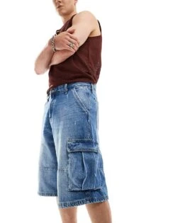 Pull&Bear Denim Skater Cargo Short In Blue For Men Light Blue