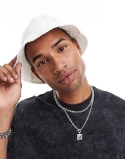 Pull&Bear Festival Bucket Hat In Ecru For Men