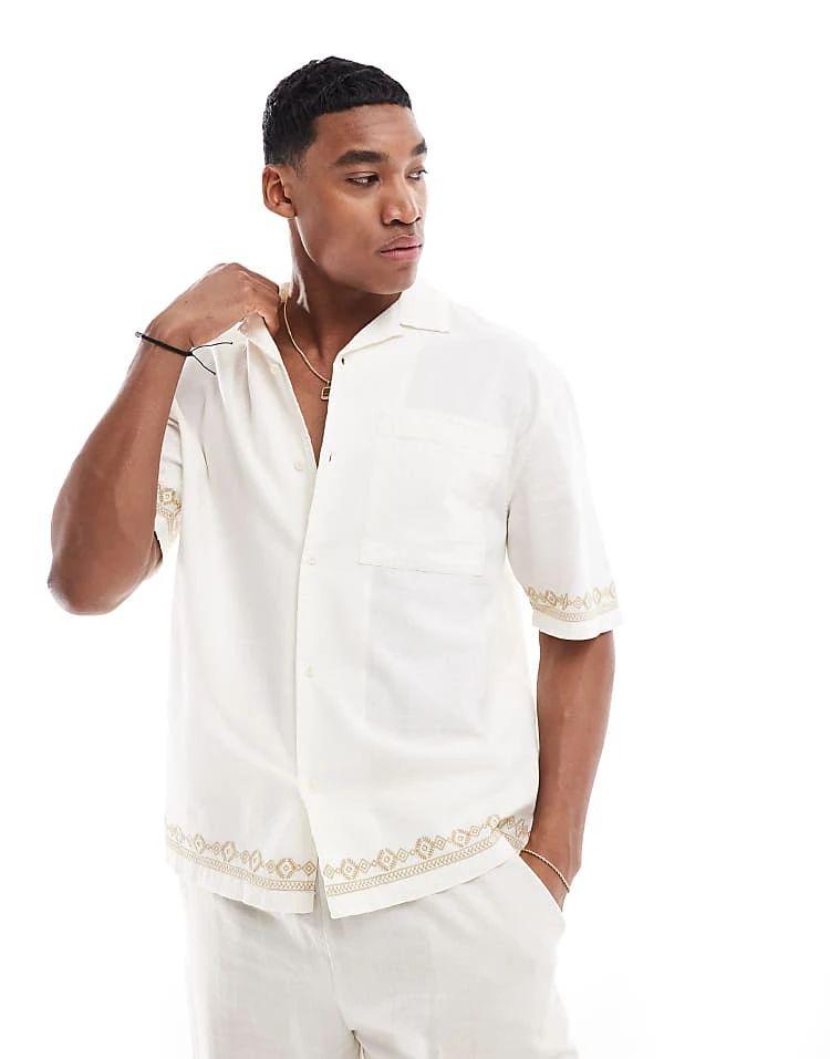 Pull&Bear Embroidered Hem Revere Neck Shirt In Ecru For Men 7 Pull&Bear Embroidered Hem Revere Neck Shirt In Ecru For Men - Image 5