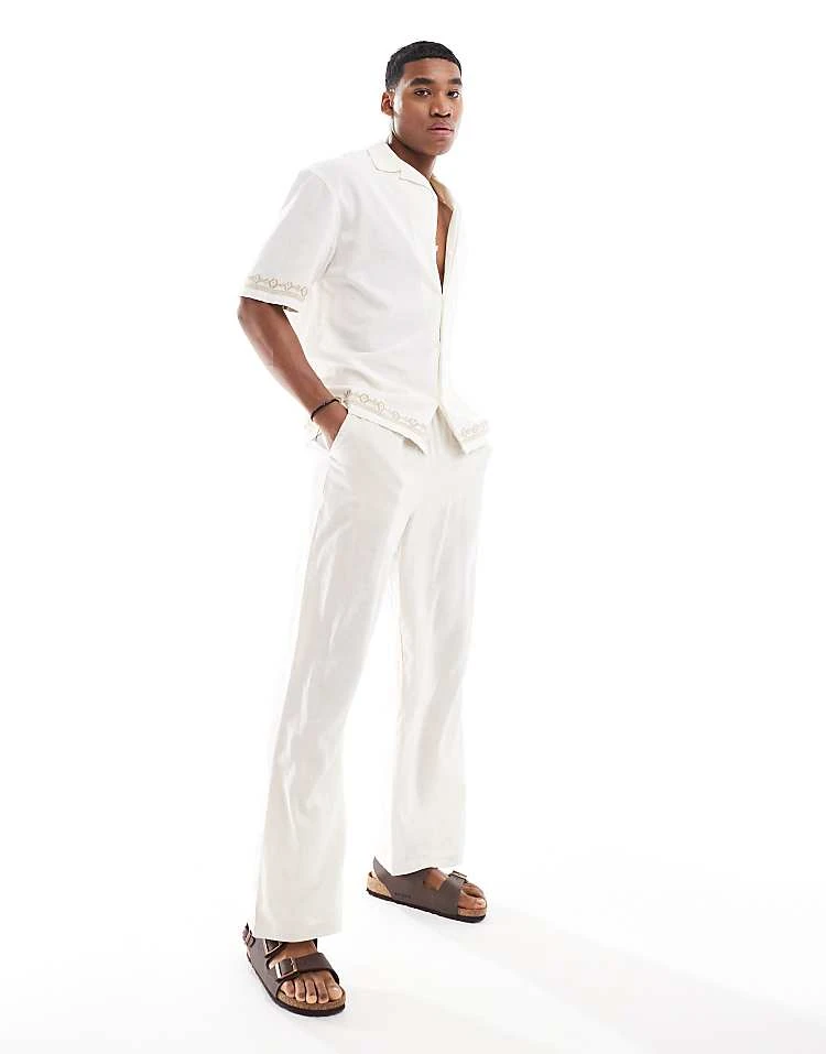 Pull&Bear Embroidered Hem Revere Neck Shirt In Ecru For Men 4 Pull&Bear Embroidered Hem Revere Neck Shirt In Ecru For Men - Image 2