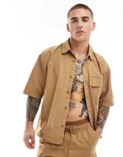 Pull&Bear Utility Co-ord Shirt In Brown For Men