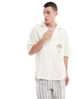 Pull&Bear Palm Tree Emroidered Shirt In White For Men -Pull&Bear Sales 206683874 2