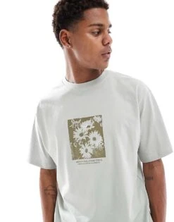 Pull&bear Floral Printed T-shirt In Sage Green For Men