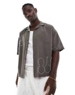 Pull&Bear Embroidered Detail Shirt In Khaki For Men -Pull&Bear Sales 206767052 1 khaki 1