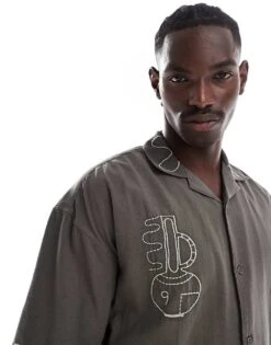 Pull&Bear Embroidered Detail Shirt In Khaki For Men -Pull&Bear Sales 206767052 4