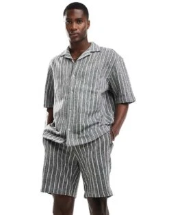 Pull&Bear Textured Stripe Short Co-ord In Grey For Men -Pull&Bear Sales 206849578 4