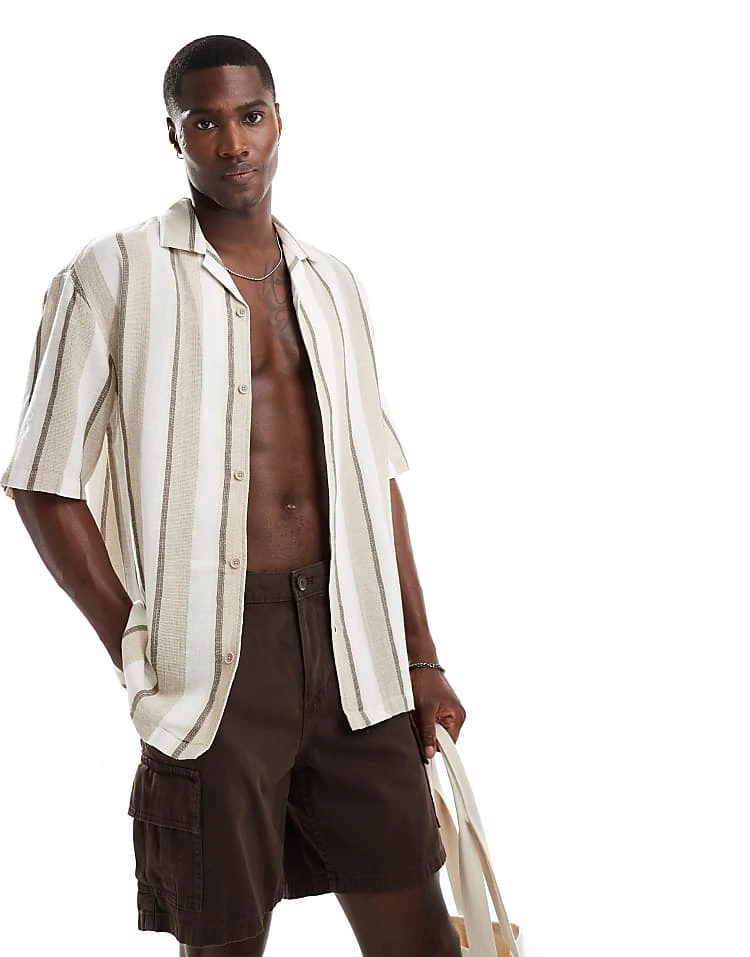 Pull&Bear Brown Stripe Shirt In Beige For Men Begie 3 Pull&Bear Brown Stripe Shirt In Beige For Men Begie