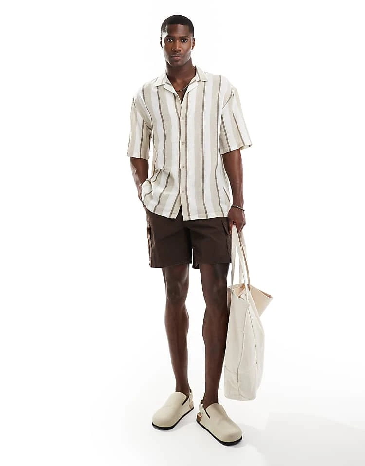 Pull&Bear Brown Stripe Shirt In Beige For Men Begie 4 Pull&Bear Brown Stripe Shirt In Beige For Men Begie - Image 2