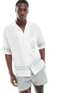 Pull&Bear Sunset Embroidered Shirt In White For Men