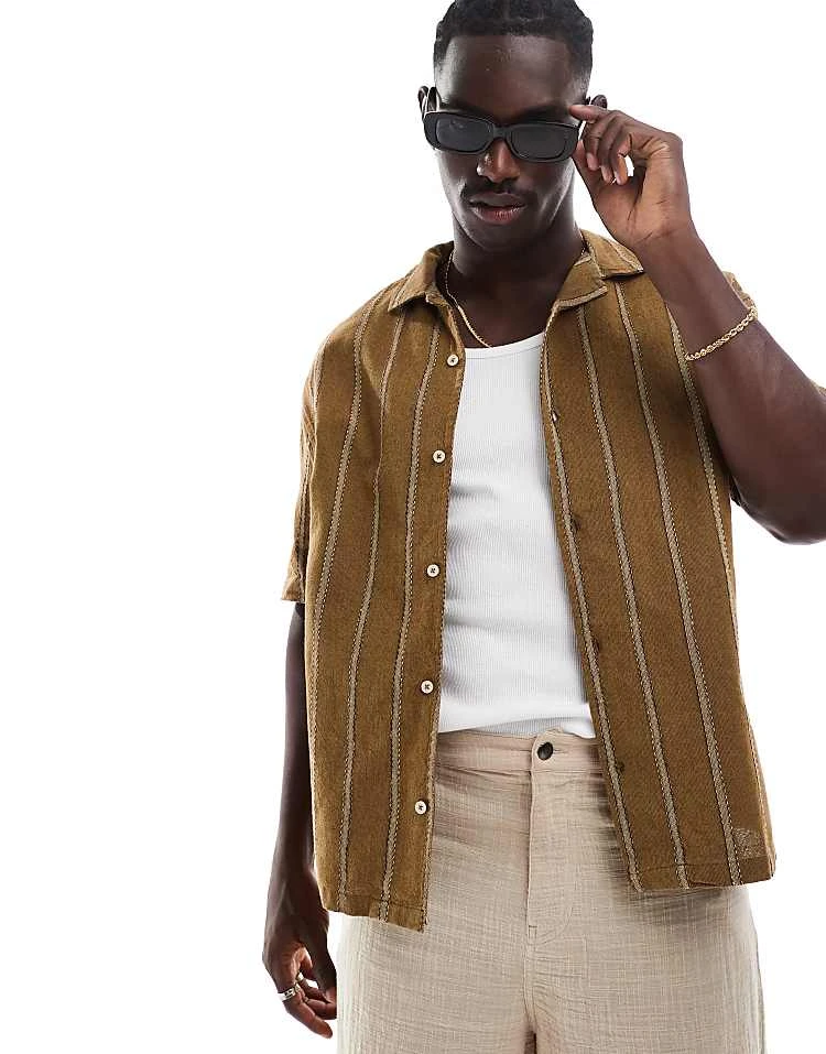 Pull&bear Short Sleeve Striped Shirt In Khaki For Men 7 Pull&bear Short Sleeve Striped Shirt In Khaki For Men - Image 5