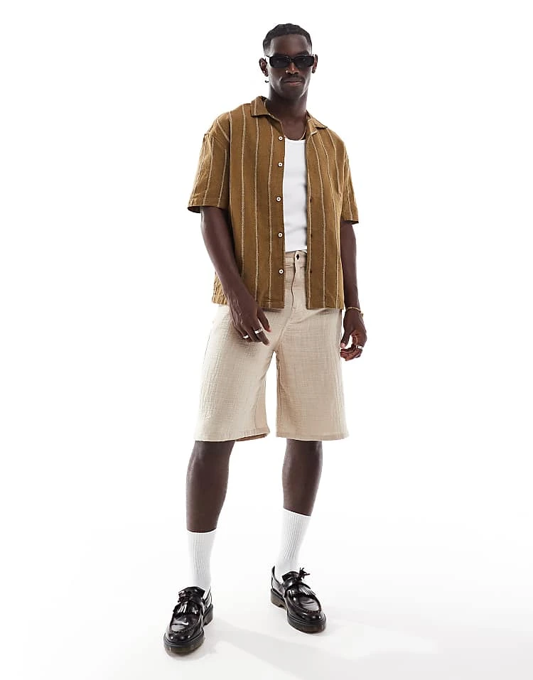 Pull&bear Short Sleeve Striped Shirt In Khaki For Men 4 Pull&bear Short Sleeve Striped Shirt In Khaki For Men - Image 2