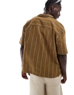 Pull&bear Short Sleeve Striped Shirt In Khaki For Men 9 Pull&bear Short Sleeve Striped Shirt In Khaki For Men -Pull&Bear Sales 206921017 3