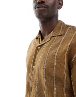 Pull&bear Short Sleeve Striped Shirt In Khaki For Men 10 Pull&bear Short Sleeve Striped Shirt In Khaki For Men -Pull&Bear Sales 206921017 4