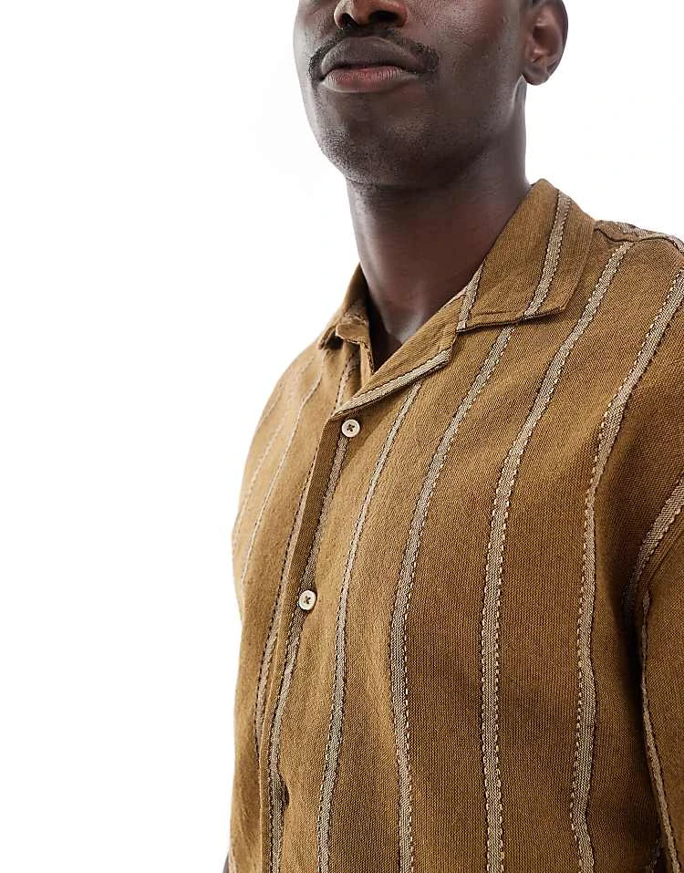Pull&bear Short Sleeve Striped Shirt In Khaki For Men 6 Pull&bear Short Sleeve Striped Shirt In Khaki For Men - Image 4